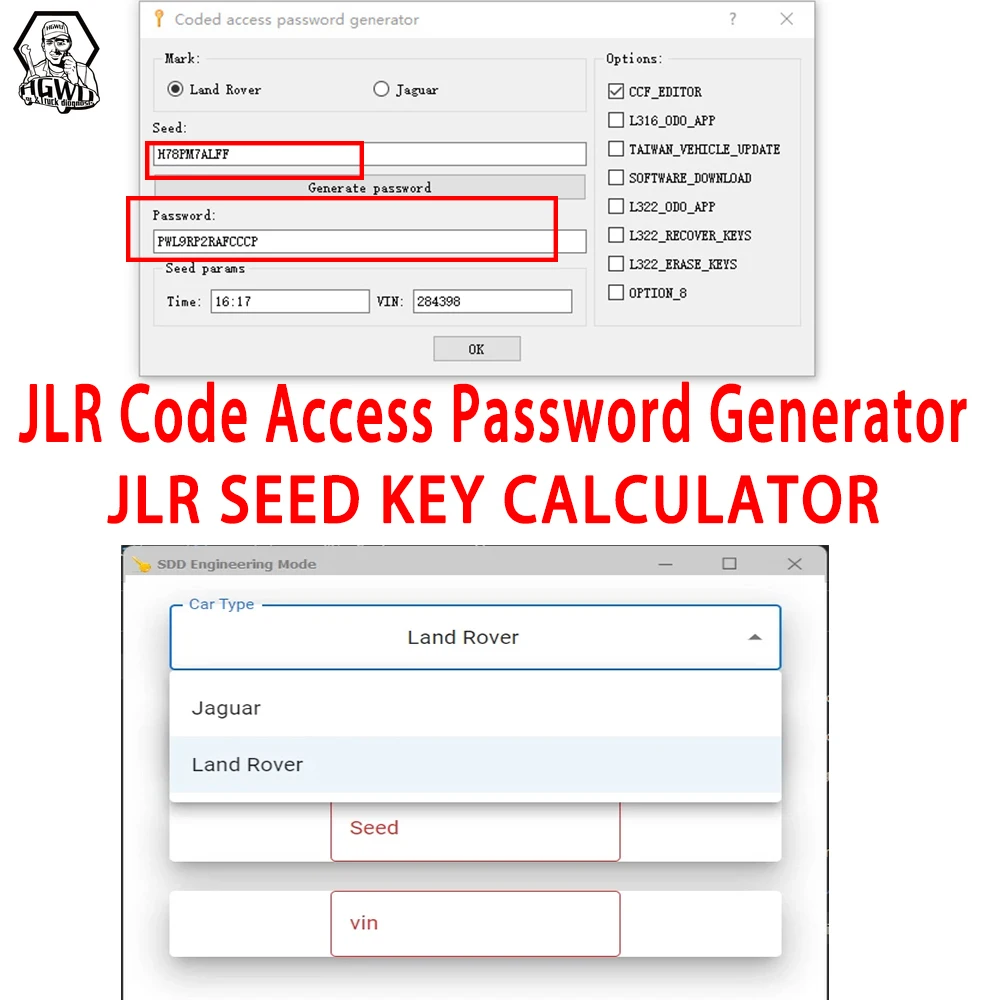 

Генератор паролей доступа к коду JLR Программное обеспечение для калькулятора JLR SEED без ограничений к использованию (неограниченный жетон) ДЛЯ (1 шт.)