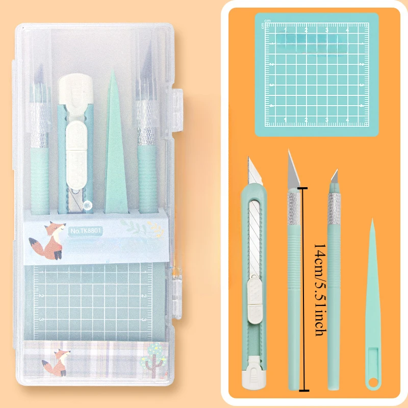 Knife cutting pad set Pen knife Carving knife utility knife Mint green cutting paper pad pointed tweezers tool