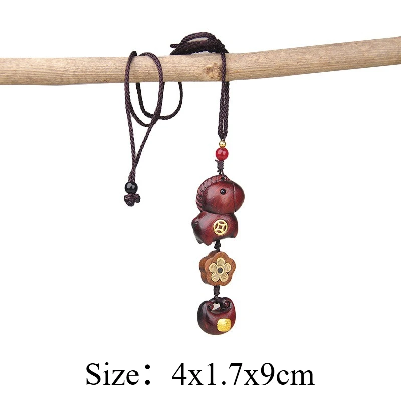 Black Horn Sandalwood Carved Golden Bean Flower Pony Coin Lock Keychain Pendant 2026 Year Of The Horse Cute Bag Hanging Ornament