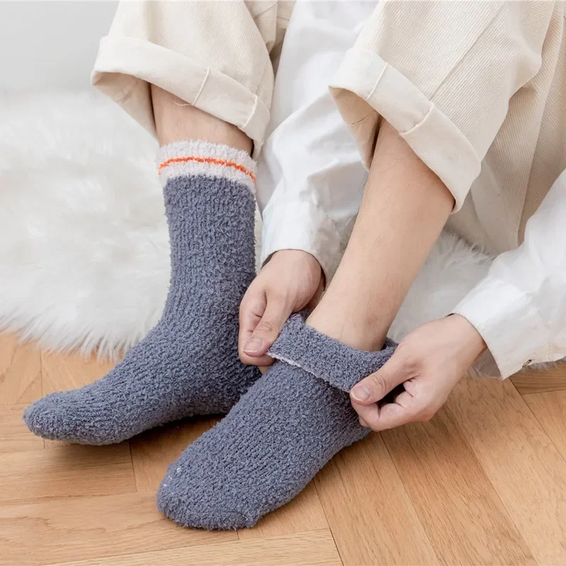 Men Thicken Fleece Sock Winter Warm Stripe Socks Elastic Indoor Floor Socks Slipper Fleece Bed Sock Non Slip Slipper Sock