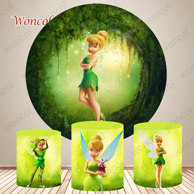 

Tinker Bell Round Backdrop Princess Birthday Photo Backdrop Fairies Round Cylinder Cover Decor Photo Backdrop