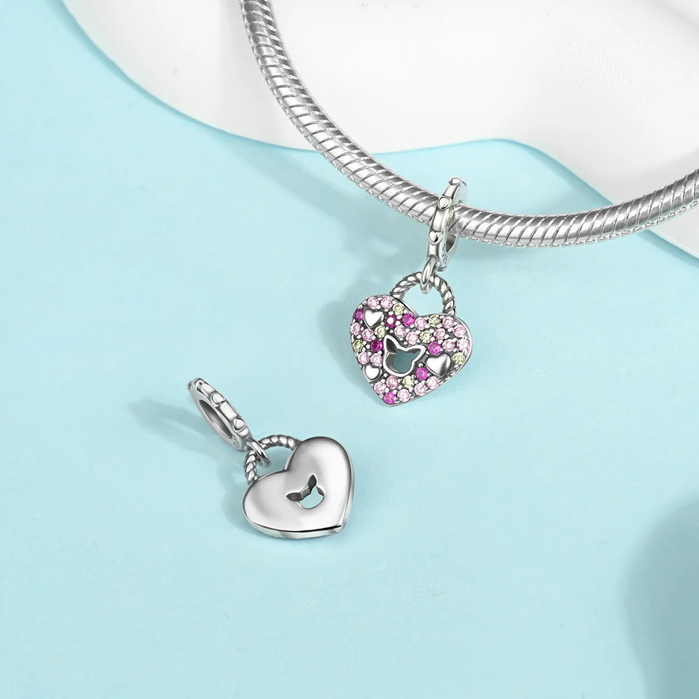 925 فضة الوردي مخرم هريرة الزركون القلب قفل قلادة سحر صالح الأصلي سحر أساور النساء DIY مجوهرات هدية #2
