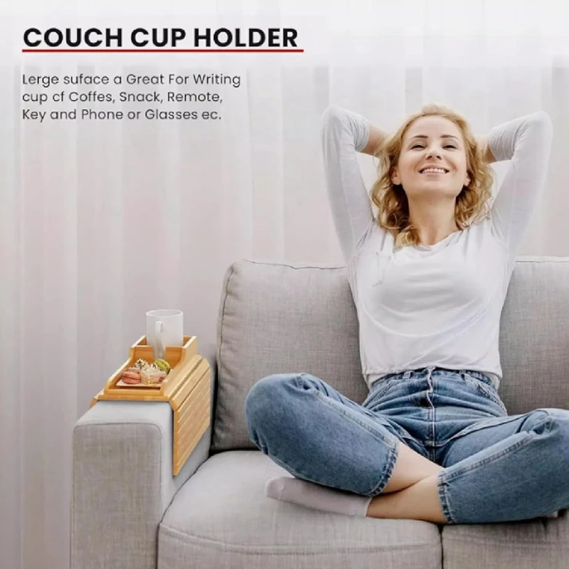 صينية مسند ذراع الأريكة، حامل أكواب الأريكة، صينية من الخيزران مع حامل أكواب، صينية حامل أكواب أريكة من الخيزران-ABAM