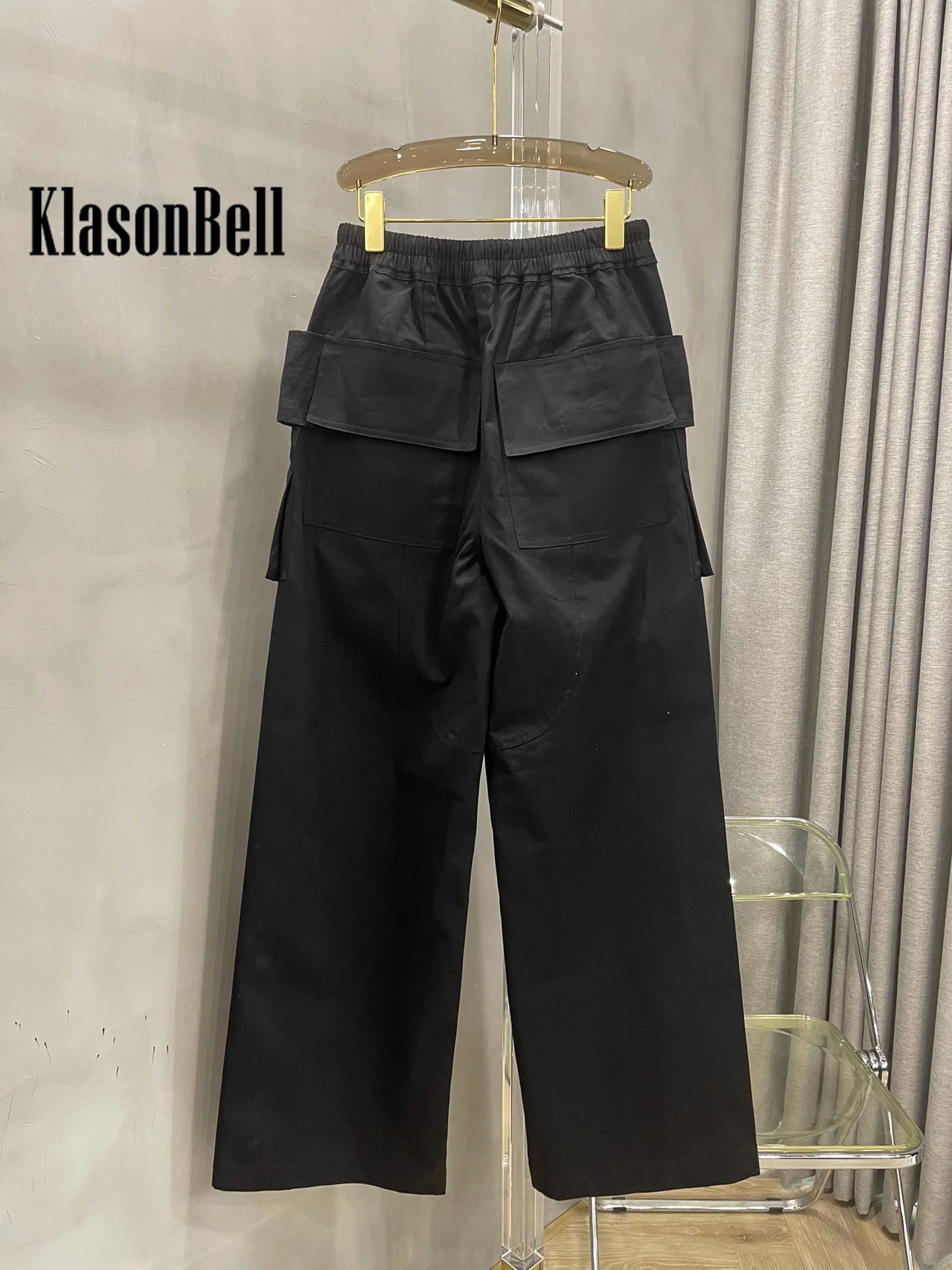 Imagem -03 - Klasonbell-calça Preta de Perna Larga Feminina Calça Casual Solta Bolso Duplo com Cadarço Elástico na Cintura 10.26