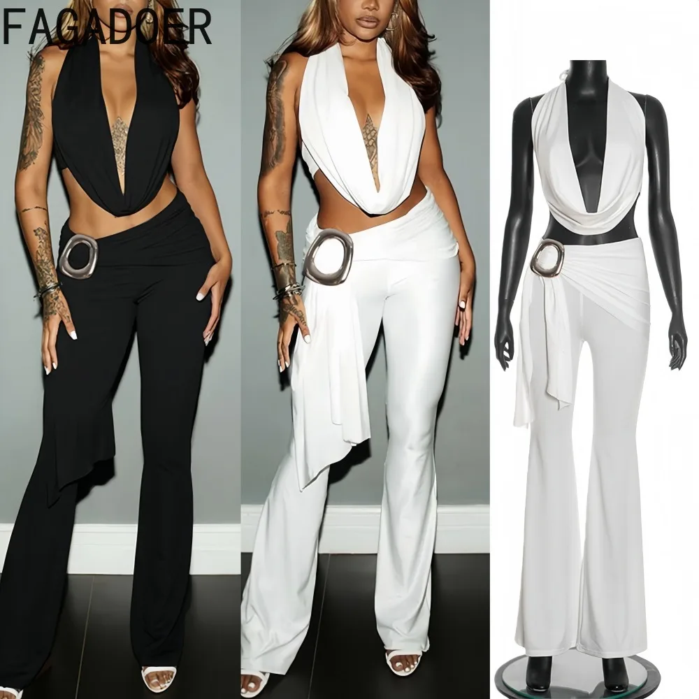 

FAGADOER Spring New Fashion Two Piece Outfits Woman Halter Deep V-neck Backless Crop Top and Pants Female Streetwear Clothing