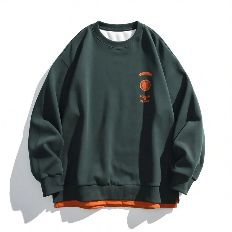 Printed Men Loose Casual Sweatshirt With Double-Layer Hem Japan Style Crew Neck Pullovers Fleeced Lining