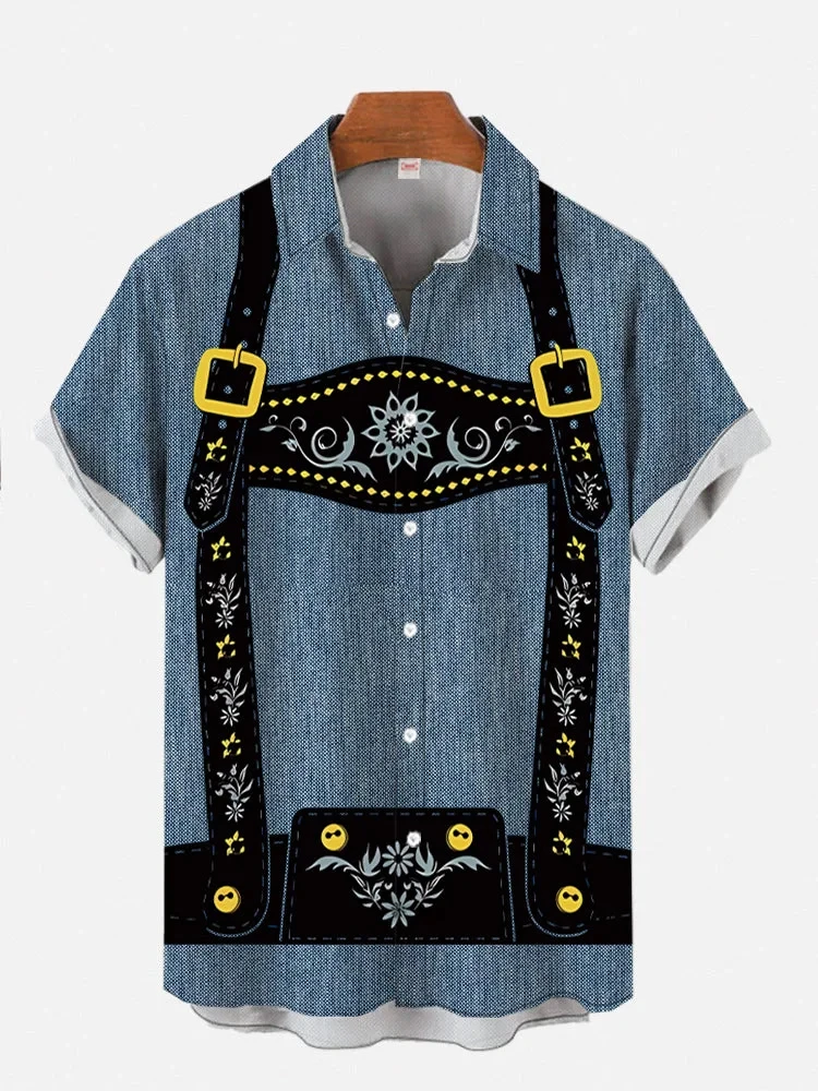 Full Print Classic Blue Plaid And Overalls Costume Oktoberfest Beach Shirts For Men New In Short Sleeve Hawaiian Shirt Blouses