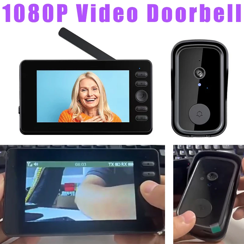 Wireless Video Doorbell 1080P 4.3inch IPS Screen Video Intercom Infrared Night Vision 120° Wide-Angle Len with 128GB memory card