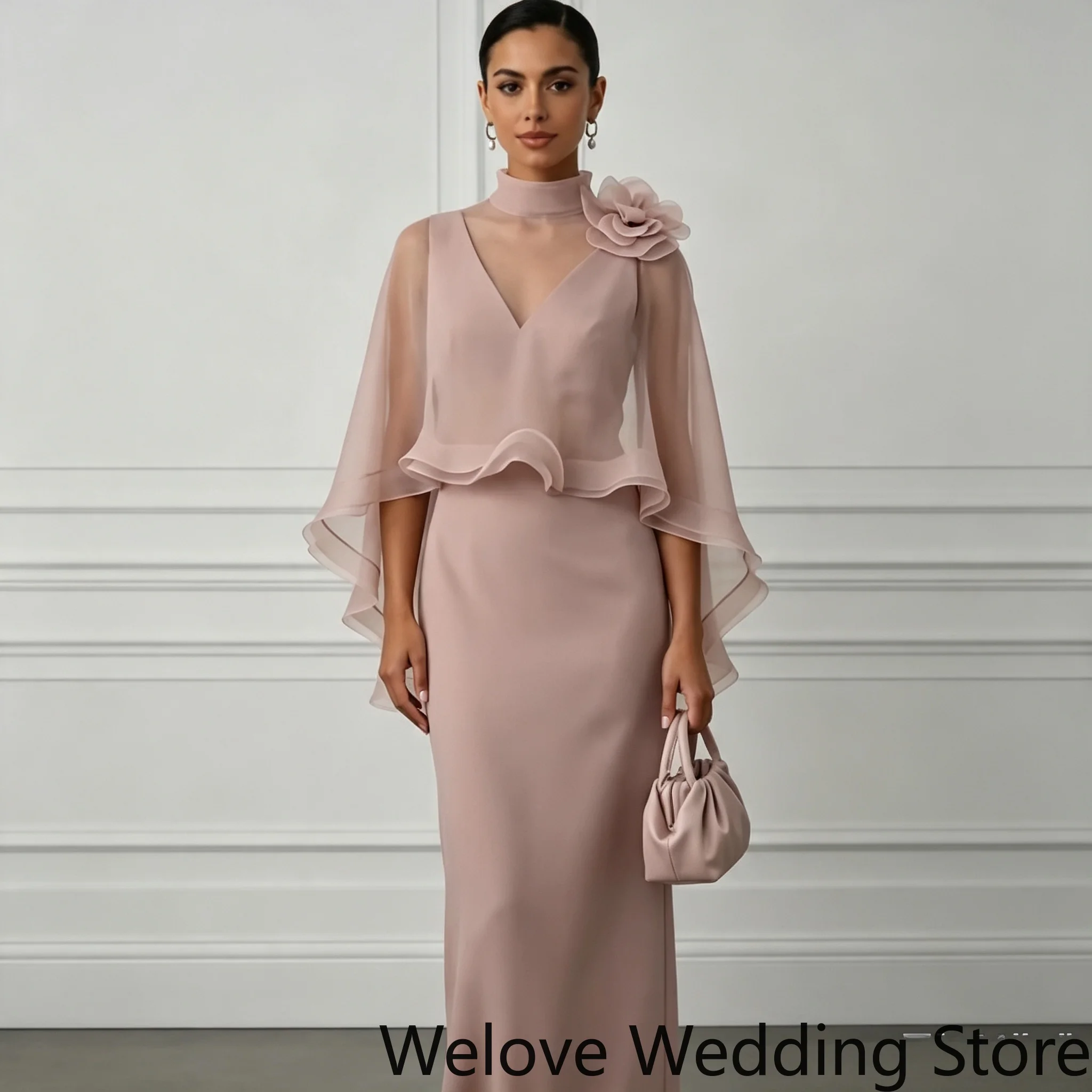 Vestido largo de cuello alto, de malla transparente, con cuello en V, mangas de capa de gasa fluida, para madre de la novia, boda, banquete, evento formal.