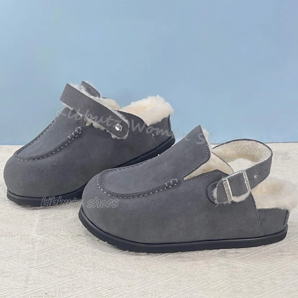 Furry Slipper Warm Winter Outdoor Solid Color Slip-On Belt Buckles Fashion Elegant Concise Concise Shoes Round Toe Flat With New