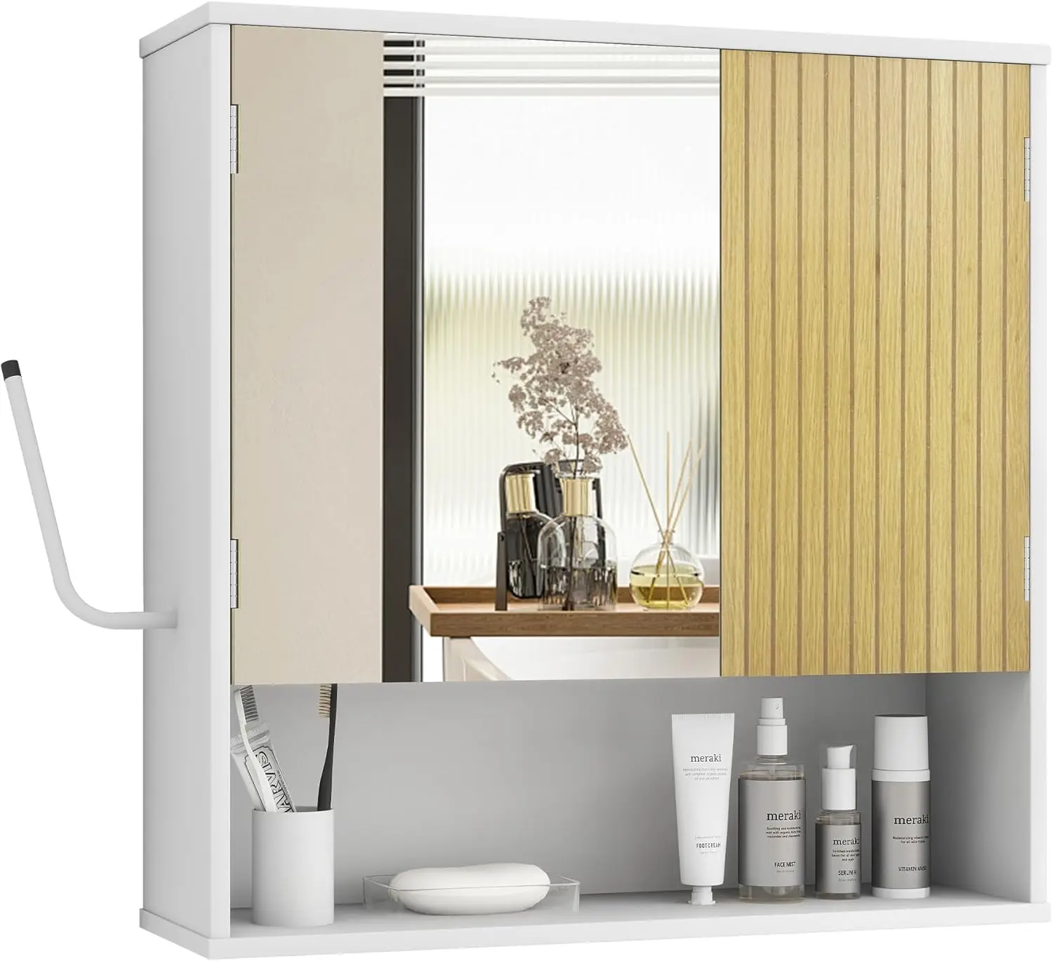 

White Wood Grain Bathroom Wall Cabinet with Mirror, Light, Adjustable Shelves & Hooks - Space Saver
