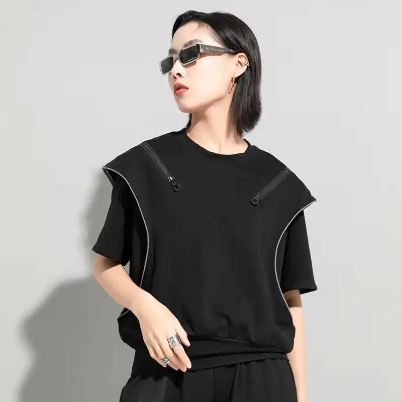 Ladies Short Sleeve Summer New Classic Black Zipper Design False Two Design Loose Casual Large Size Short Sleeve T-Shirts