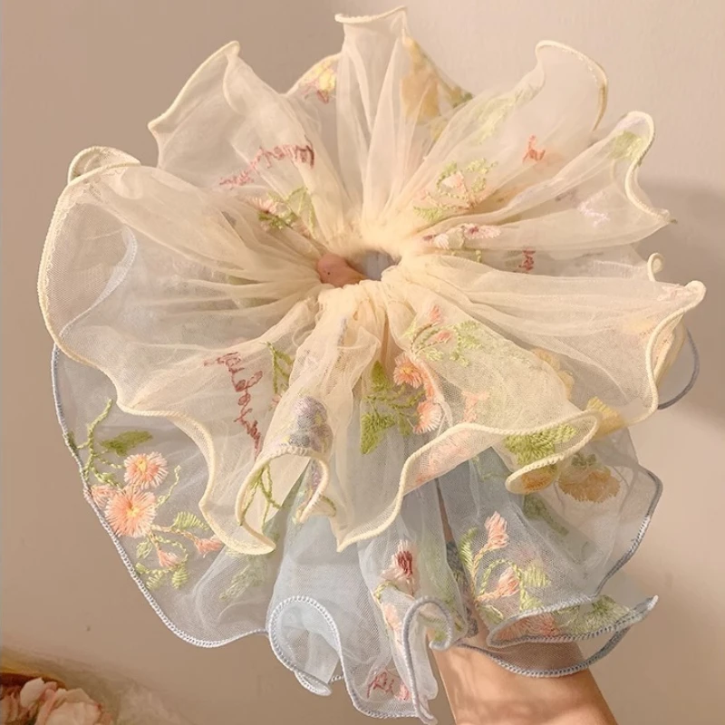 

Floral Embroidered Tulle Scrunchie Hair Tie Band For Women Oversized Hair Accessories For Bun Ponytail Wedding Party