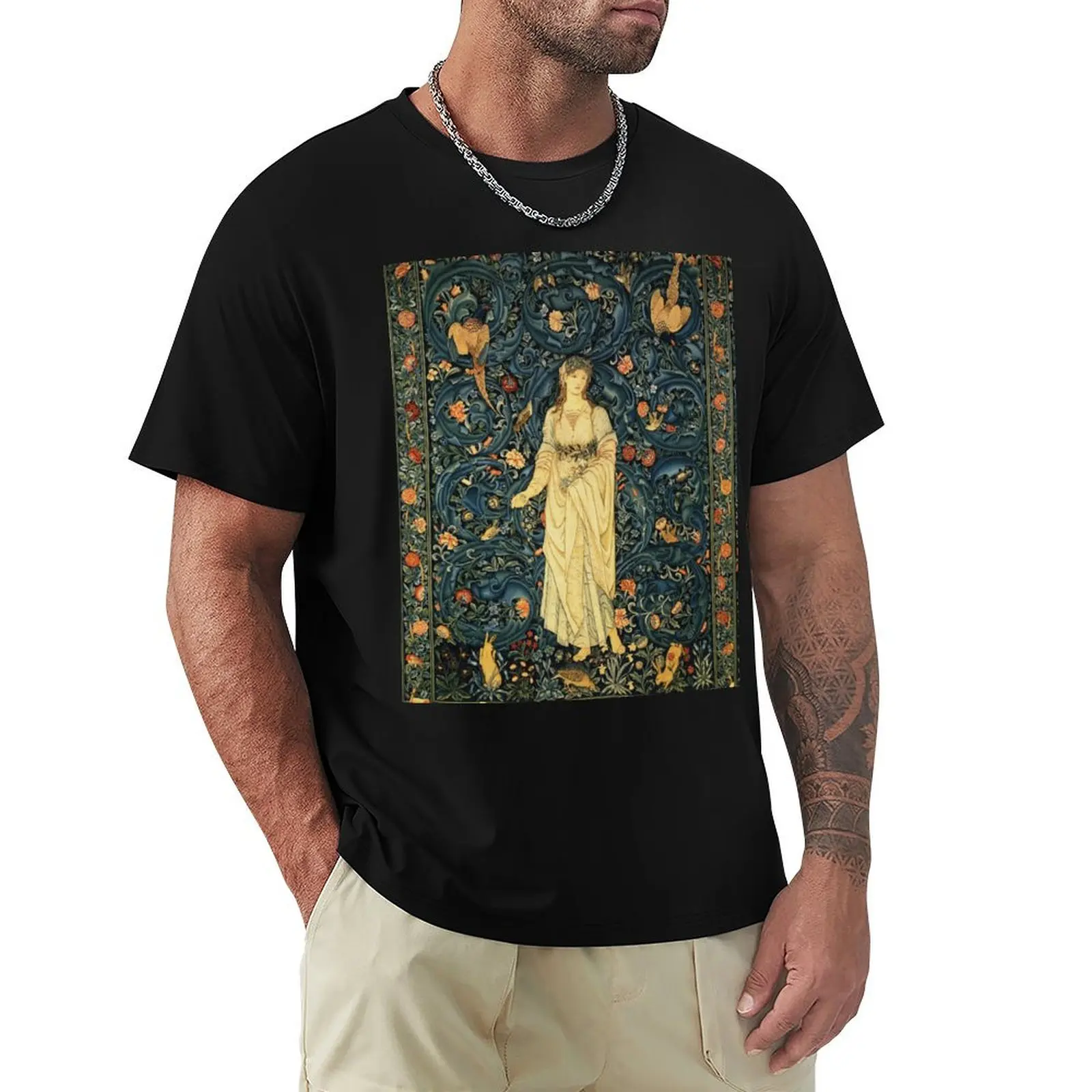 LADY FLORA, GREENERY, FOREST ANIMALS ,PHEASANT BIRDS ,RABBITS Blue Green Floral Tapestry T-Shirt Comfortable Basic Crew Neck Tee