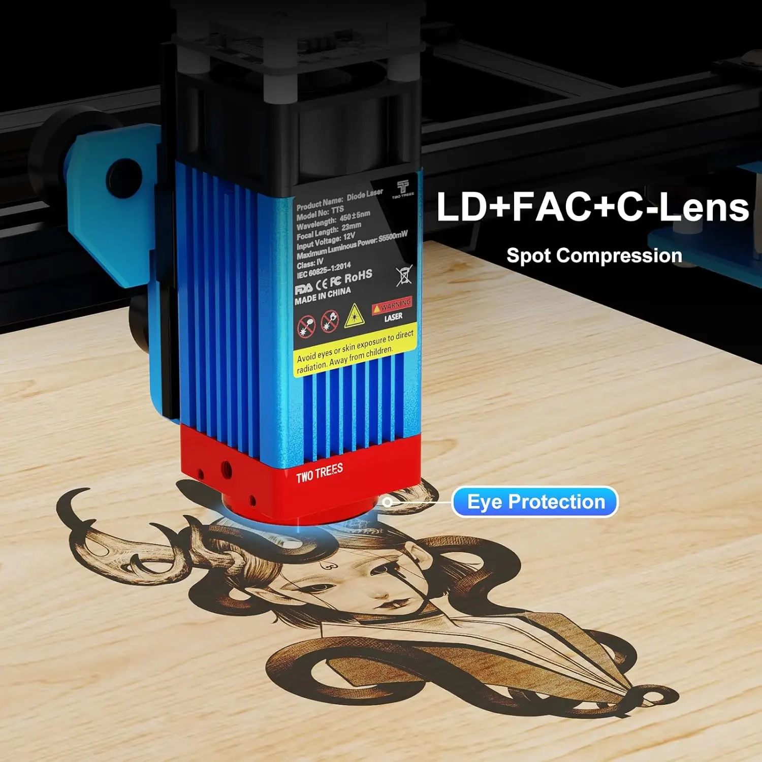 Лазерный гравер Twotrees TTS-55 Pro, лазерный гравировальный станок 5500 МВт, лазерный резак, скорость 30000 мм/мин, лазерный точечный гравер 0,08 мм Mach