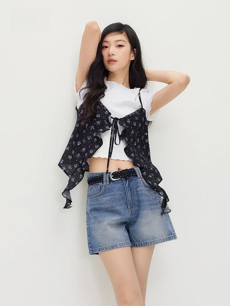 

Semir Summer Floral Lace ort Sve T-irt Set Women's Sweet Retro Two-Piece Suit Casual Sle Cotton round Ne Top