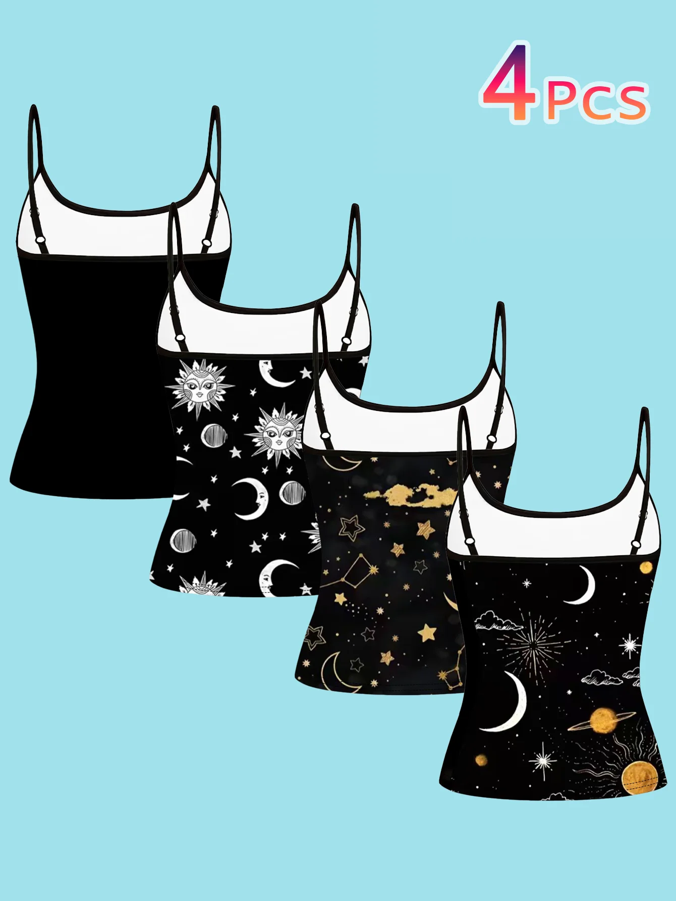 4-Piece Set of Mysterious Star and Moon Celestial Print Camisole Tops for Women, Gothic Angel Wings, Heart, Sun, Thin Straps, Slim Fit, Sleeveless Inner Tops