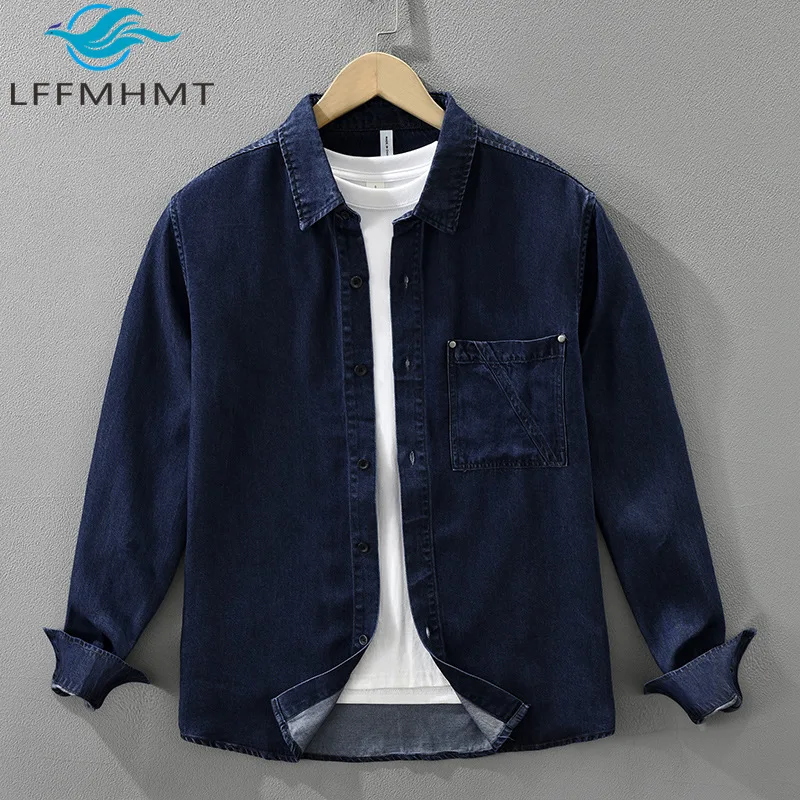 

7672 Japanese Style Denim Shirt Men Spring Autumn Vintage Loose Fit Long Sleeve Casual Blouse Simple Basic Streetwear Daily Tops