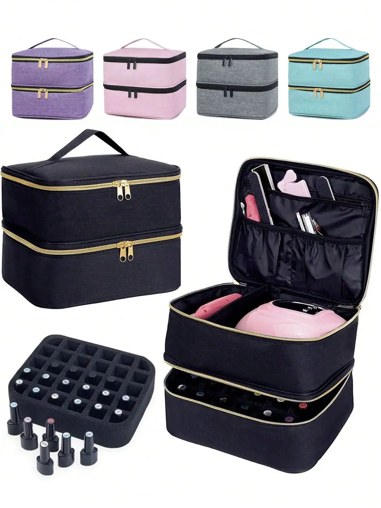 Double-Layer Makeup Bag, 30-Slot Nail Polish Organizer With Removable Sponge Divider, Portable Cosmetic Storage Case With Handle