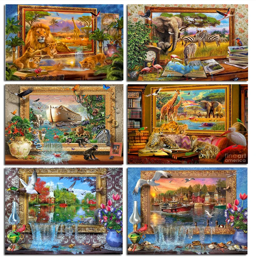 Window Natural Landscape Diy Diamond Painting Jungle Animals Zoo World Mosaic Wild Lion Giraffe Full Diamond Embroidery T2015