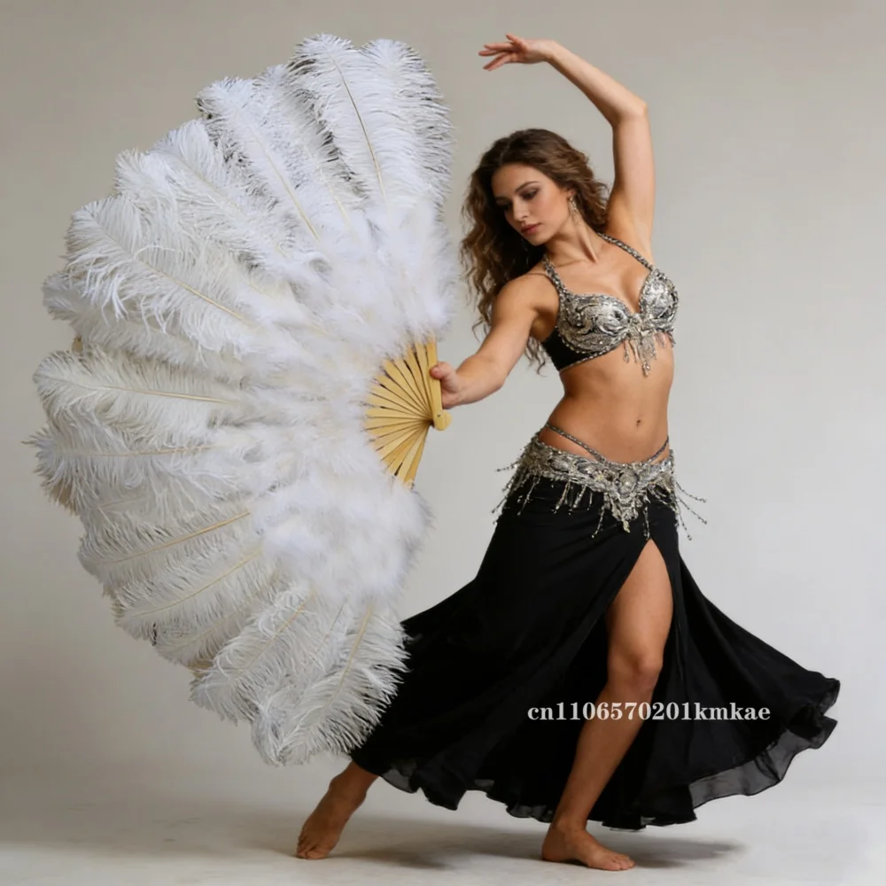Handheld Big White Ostrich Feather Fan 100CM 130CM Feathers for Carnival Stage Performance Belly Dance 13 Bone Crafts Fan