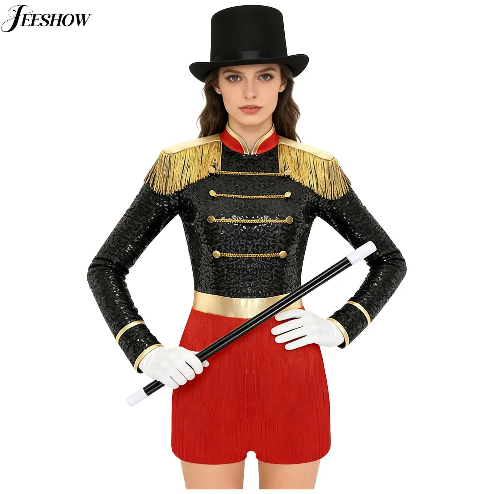 Disfraz de Maestra de Ceremonias de Circo para Mujer, 4 Piezas, Body Brillante con Lentejuelas y Parches, con Sombreros, Guantes y Varita, Disfraz de Maga para Cosplay