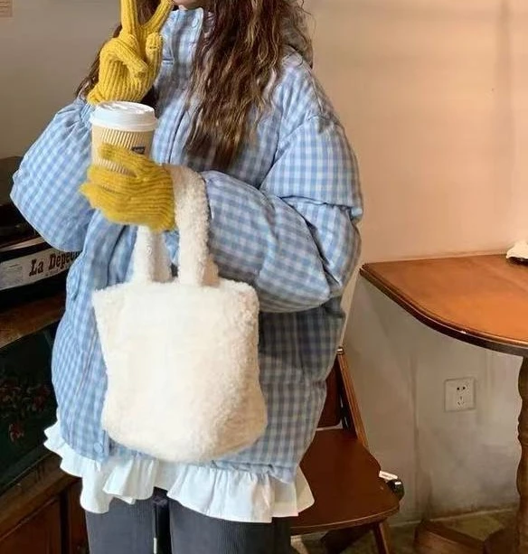 2025 Nueva chaqueta de pan a cuadros azul con capucha, abrigo de invierno, Chaqueta corta de algodón para mujer