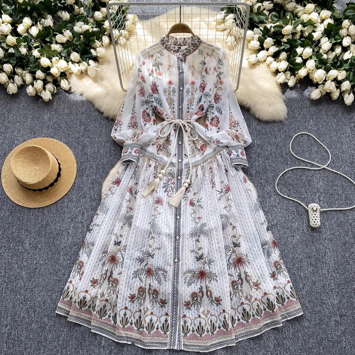 

Summer Holiday Chiffon Flower Dress Sling Lining Women's Shirt Collar Long Lantern Sleeve Floral Print Belt Boho Robe Vestidos