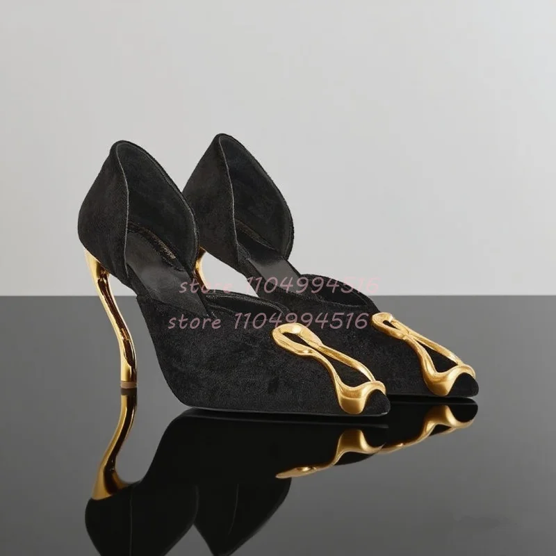 Metal Decor Black Suede Cover Heel Pumps Women Shallow Side Hollow Stiletto High Heels Sexy Pointed Strange Style Party Shoes