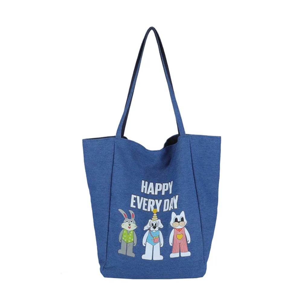 

Двусторонняя большая сумка с мультяшными животными, легкая сумка на плечо, джинсовая синяя сумка, универсальная женская парусиновая сумка из полиэстера, весна