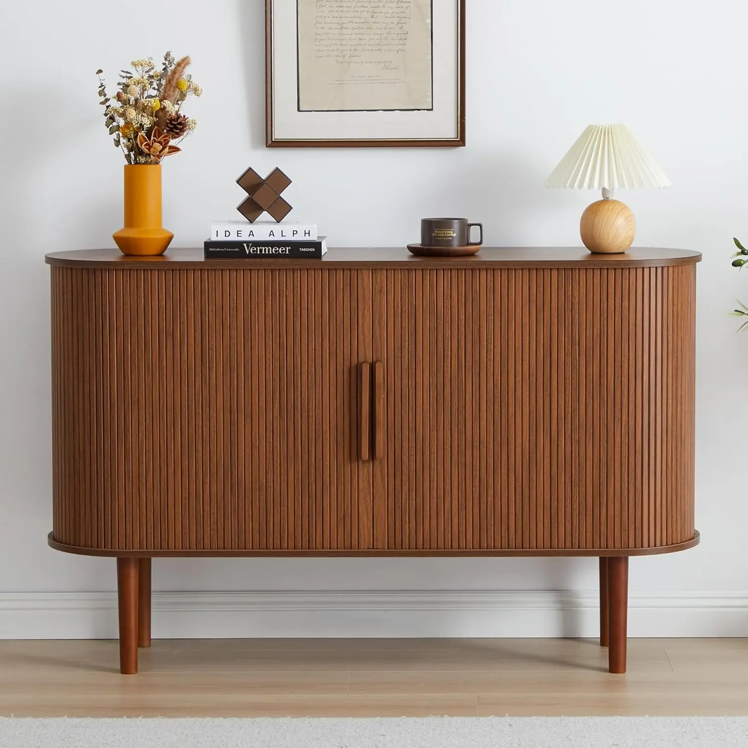 53' gecanneleerde dressoirkast, moderne credenza met schuifdeuren, notenhouten woonkamer eetkamer opbergruimte