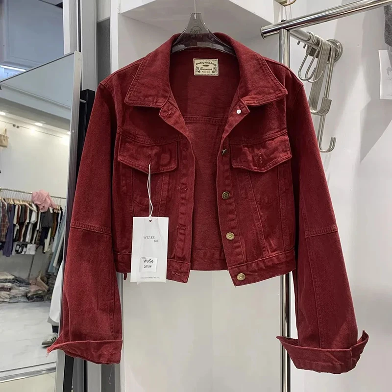 American Vintage Red Denim Jacket Women Long Sleeve Single Breasted Cargo Coat Harajuku Y2K Street Casual Classic Outwear