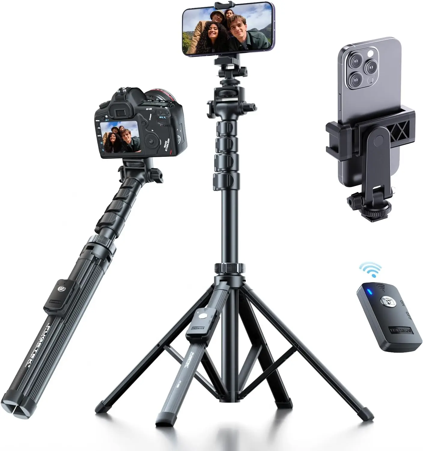

62" Professional Cell Phone Tripod, Ultra Stable 4 Leg Design, Bluetooth Remote, All Aluminum, Portable, 360° Mount