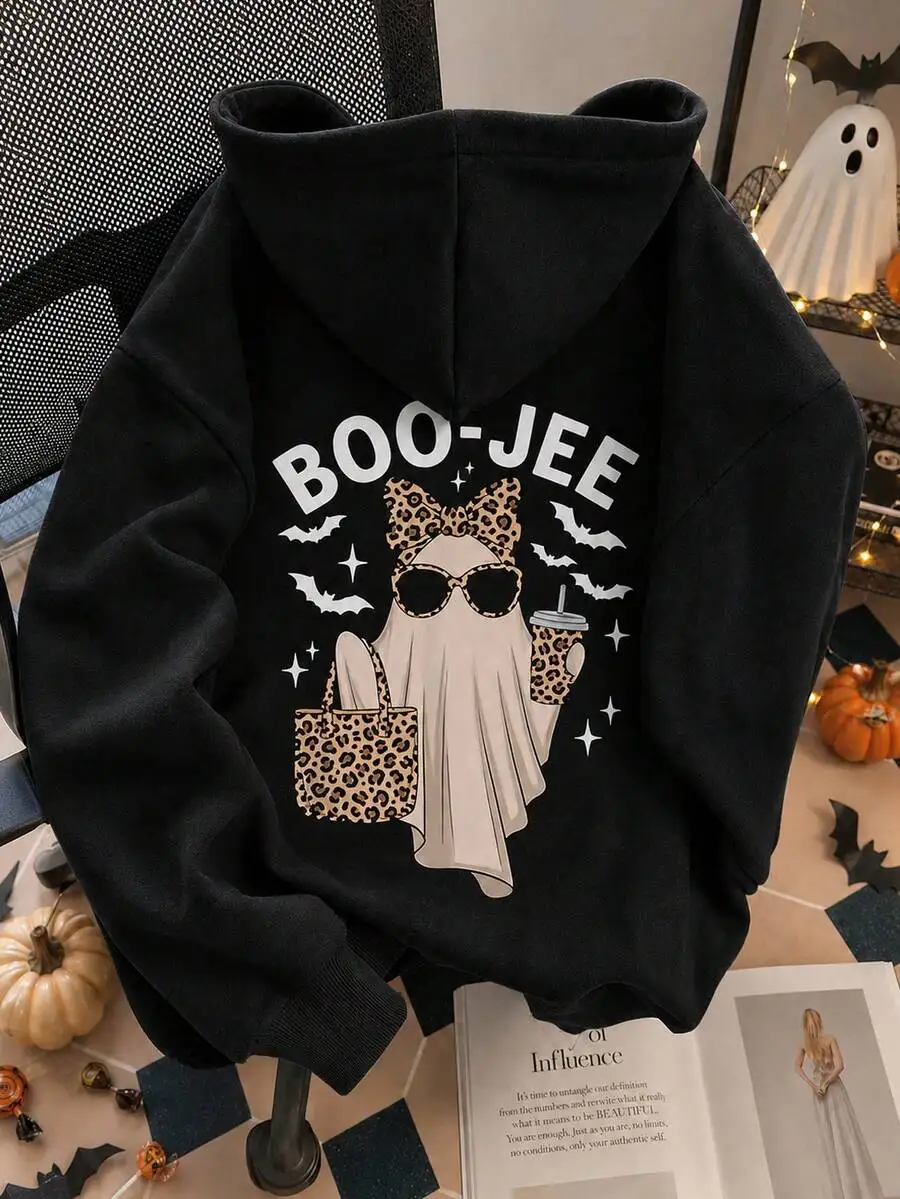 [Halloween]Tween Girl 1pc Leopard Print Ghost Milk Tea Graphic Fleece Lined Thick Warm Hooded Sweatshirt, Young Student Kids Autumn/Winter Long Sleeve Top