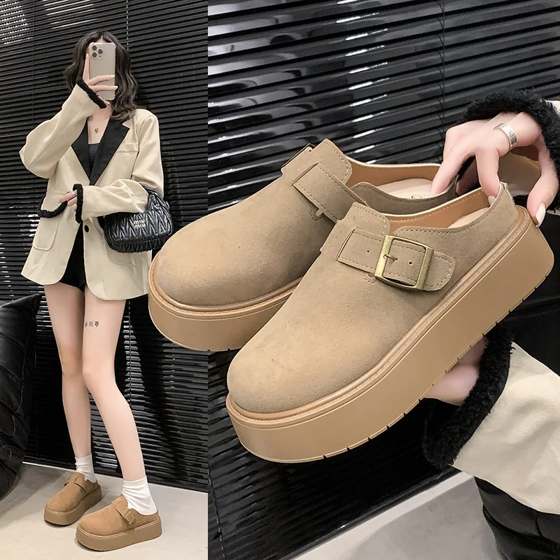 

Cover Toe Mules For Women 2025 Shoes Female Slippers Flock Slides Low Platform New Fabric Hoof Heels Rubber PU Rome Shoes Low Ho