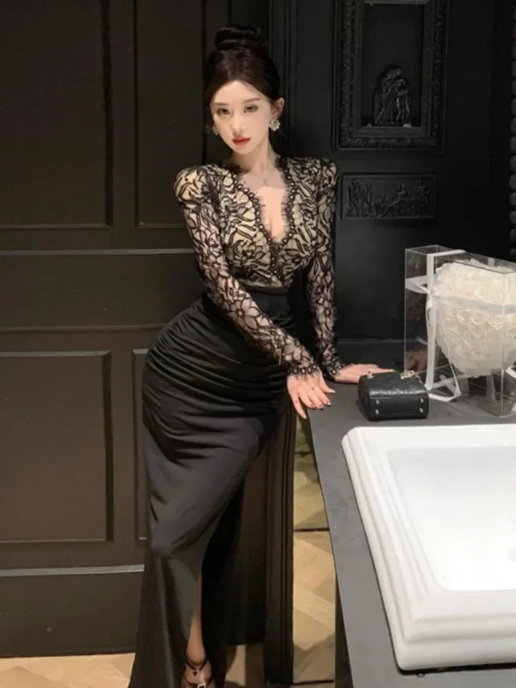 Ezgaga Sexy Dresses Women Lace Patchwork Long Sleeve V Neck Slim Party Dress Split Temperament Vintage Elegant Ladies Stylish