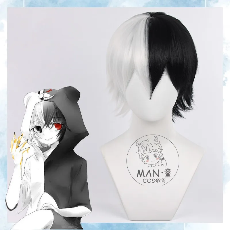 Danganronpa – perruque de Cosplay Monokuma, postiche synthétique court blanc noir résistant à la chaleur + bonnet de perruque