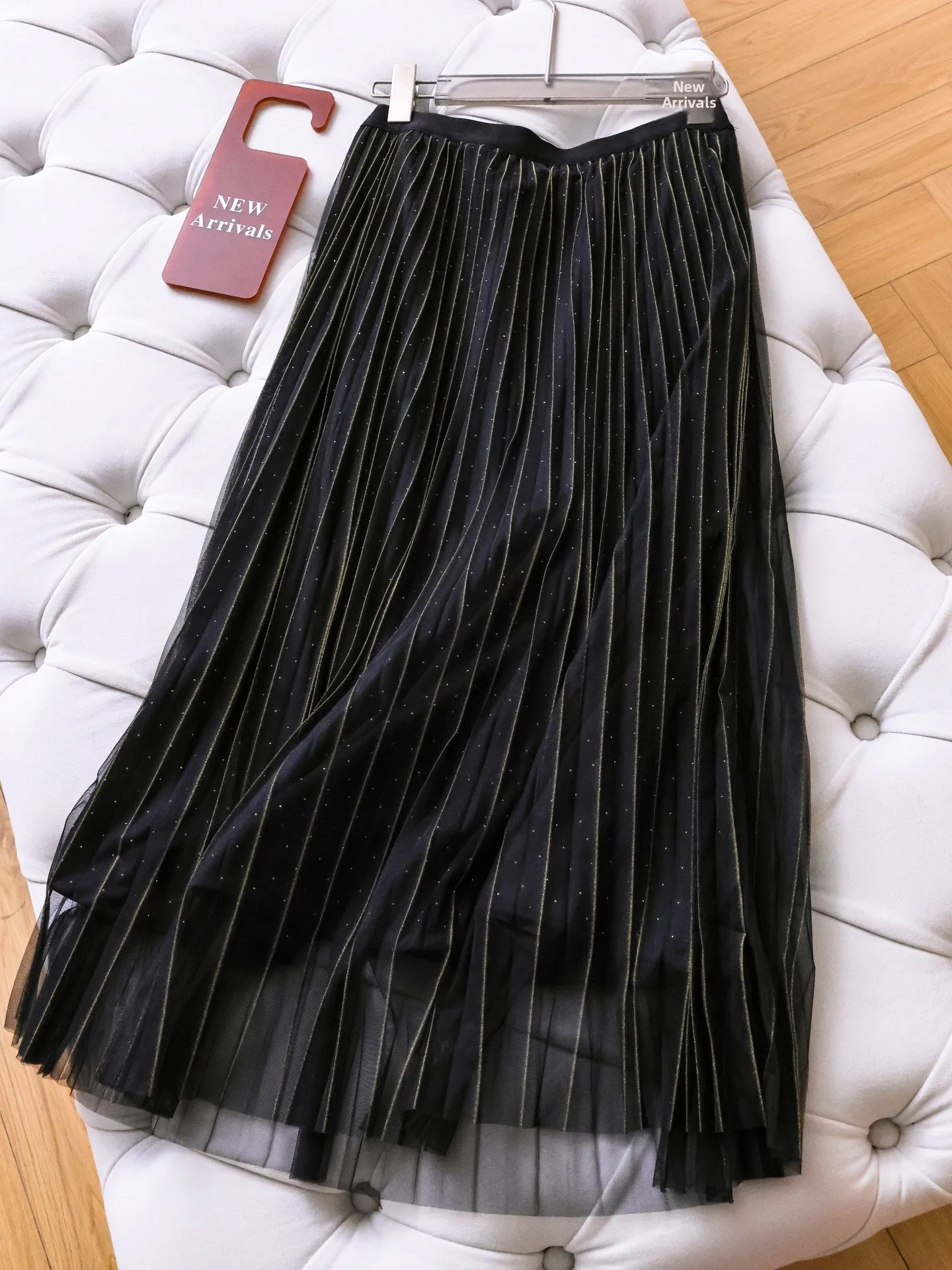 Heavy Duty Rhinestone A-Line Skirt High Waist Mesh Women's Skirt Elastic Waist Large Flounce Long Skirt Slimming Q535