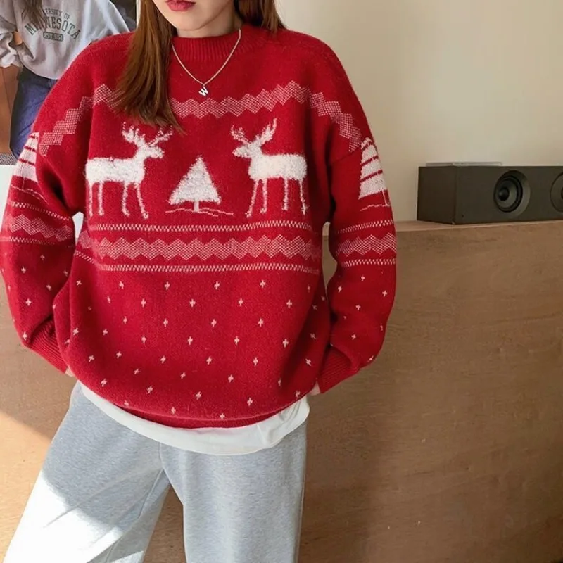 Christmas Red Cute Elk Print Sweater for Women Loose Autumn and Winter Korean Style Pullover Versatile