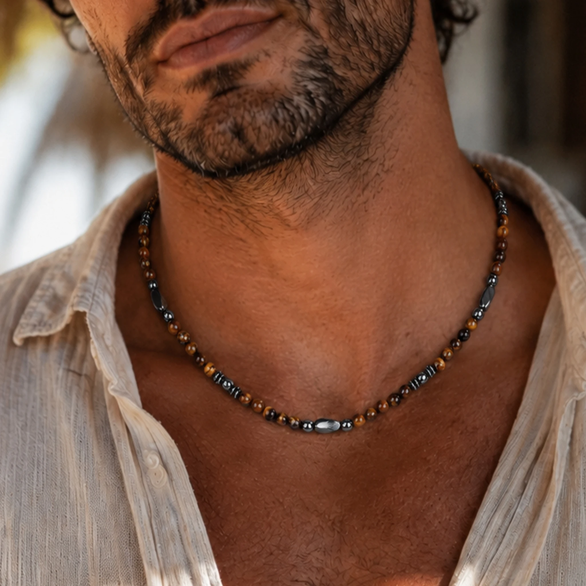 Tigers Eye Necklace for Women Men Natural Stone Hematite Energy Protection Beaded Choker Cool Gift for Boyfriend
