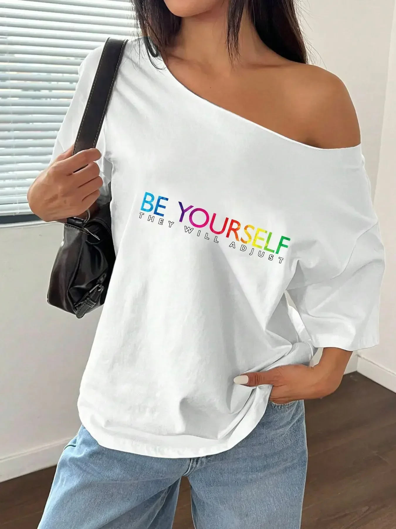 T-shirt ample 100 % coton grande taille avec imprimé lettres colorées, style Y2K, pour femme, été