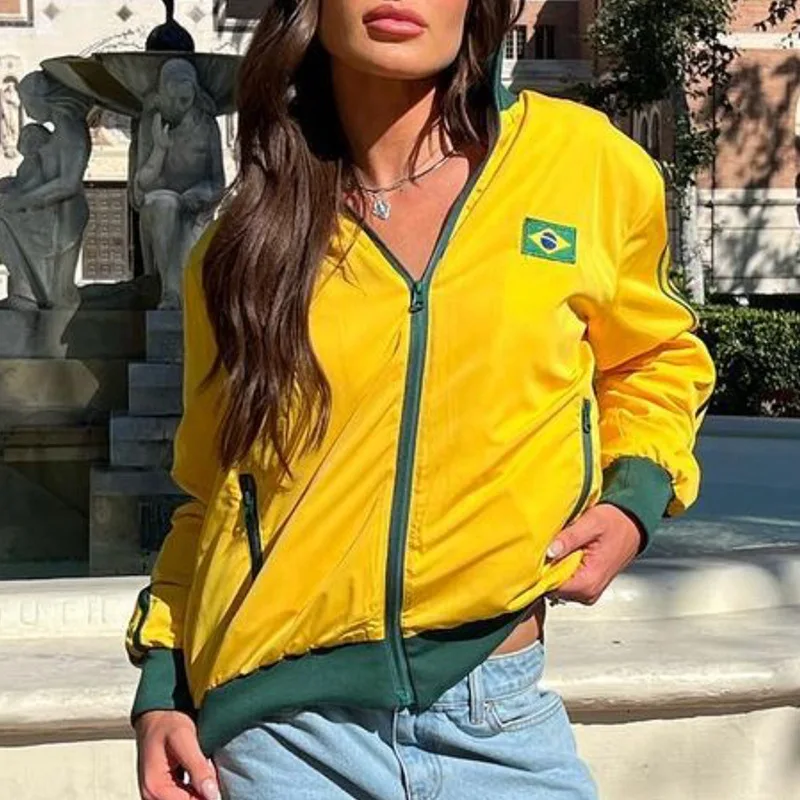 Yellow retro jacket women's Harajuku oversized zipper windbreaker Y2k streetwear loose jacket autumn fashion sportswear