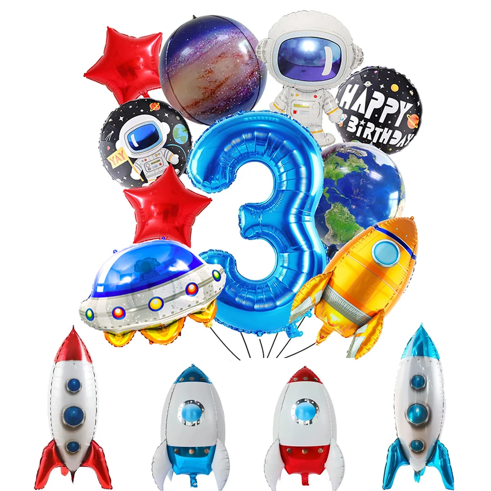 Rocket Astronaut Foil Balloons 32Inch Blue Number 0-9 Balloon Kids Boys Outer Space Theme Birthday Party Baby Shower Decoration