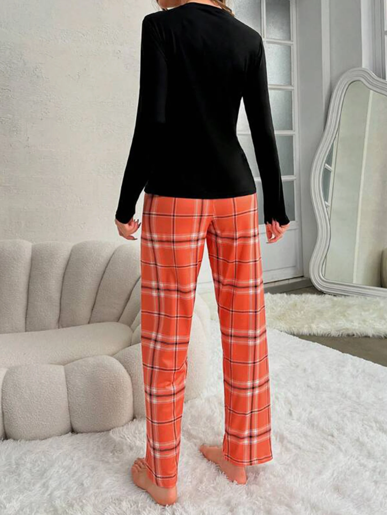 Women Pajama Set Cut Cartoon Squirrel Print Long Sleeves Round Neck Plaid Pants Sleepwear Set Autumn Homewear Set Causal