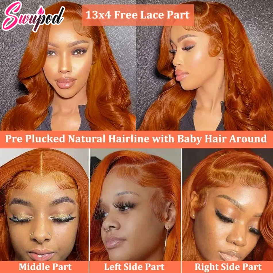 Swupod 13x4 13x6 200 Density Transparent HD Lace Front Wig for Women Body Wave Wavy Remy Human Hair 350# Ginger Color Glueless