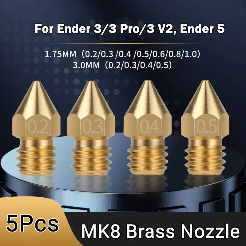 

5Pcs MK8 Extruder Nozzles Hotend (0.2, 0.3, 0.4, 0.5, 0.6, 0.8, 1.0)mm M6 Thread for Creality Ender 3/3 Pro/3 V2, Ender 5