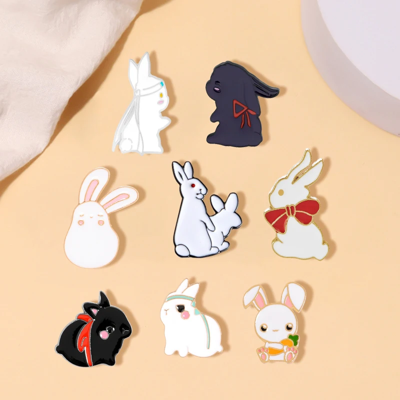 Creative Cartoon Black White Rabbit Enamel Pins Cute Couple Animal Alloy Brooch Badges Trendy Fun Lapel Jewelry Gift For Friends