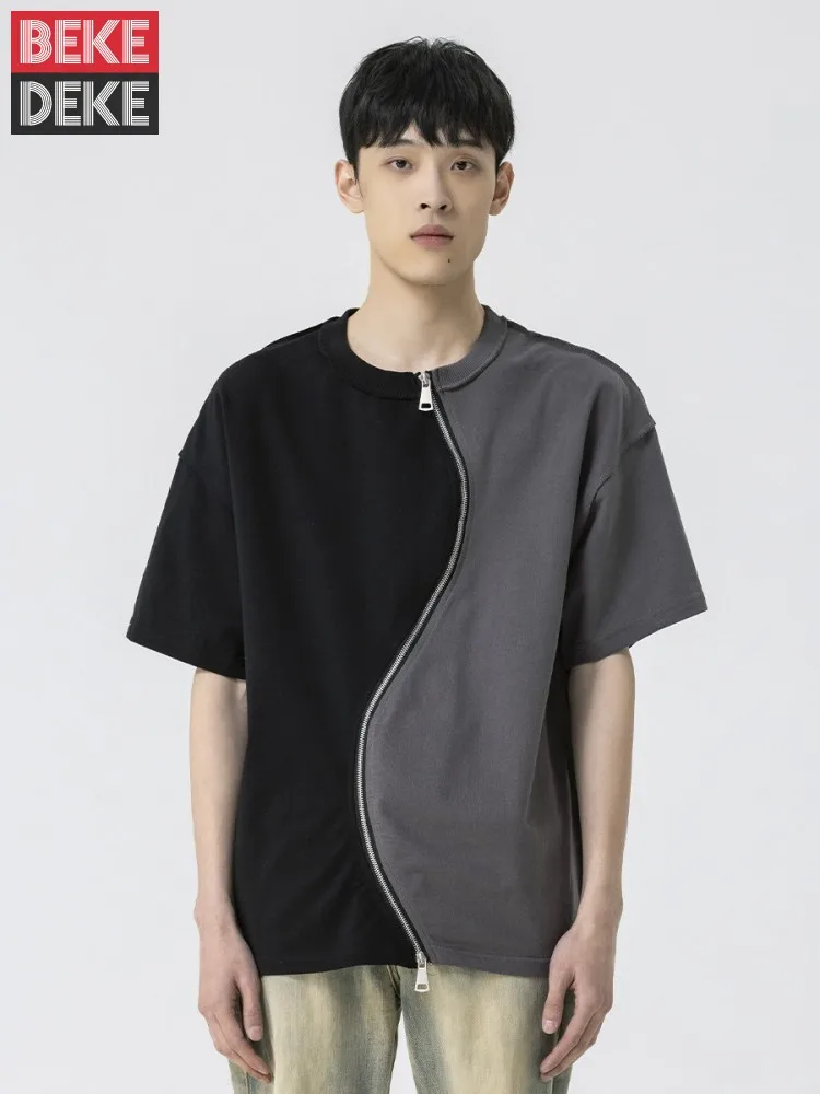

Male Summer American Style High Street Colors Panelled T-Shirt Short Sleeve Pullover Tees Top O-Neck Casual Loose Fit T-Shirts