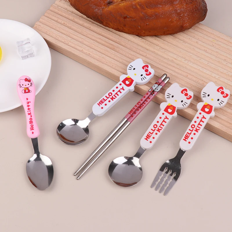 Kawaii Hello Kitty Baguettes Cuillère Fourchette Sanurgente KT Chat En Acier Inoxydable, Service De Table Portable, Couverts Anime