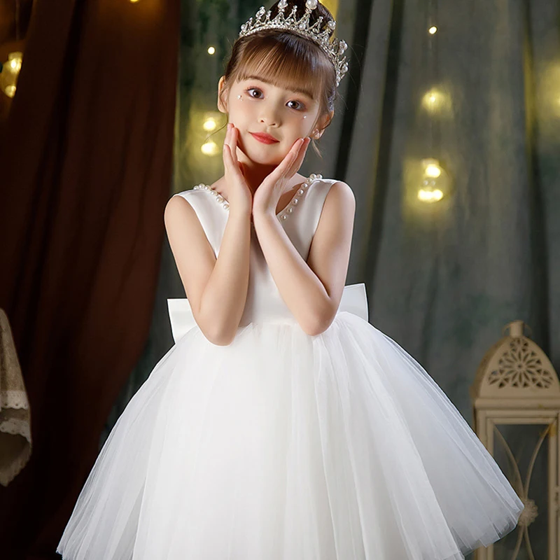 New Girls Princess Dress Summer Tulle Big Bow Girls Wedding Dress Piano Performance Costume Host Costume 2-10 Years Kids Clothes